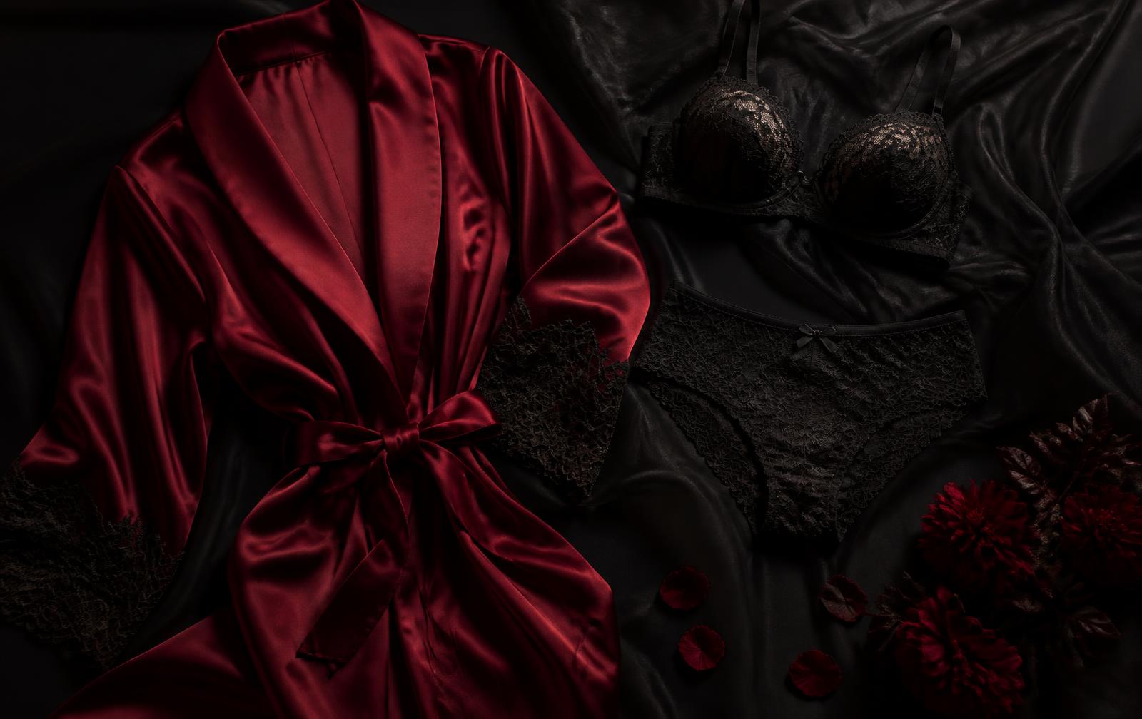 Halat din mătase crimson și lenjerie LACELLE din dantelă neagră